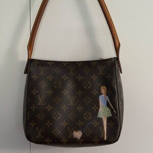 Authentic Louis Vuitton Monogram Looping bag with hand painted woman and dog